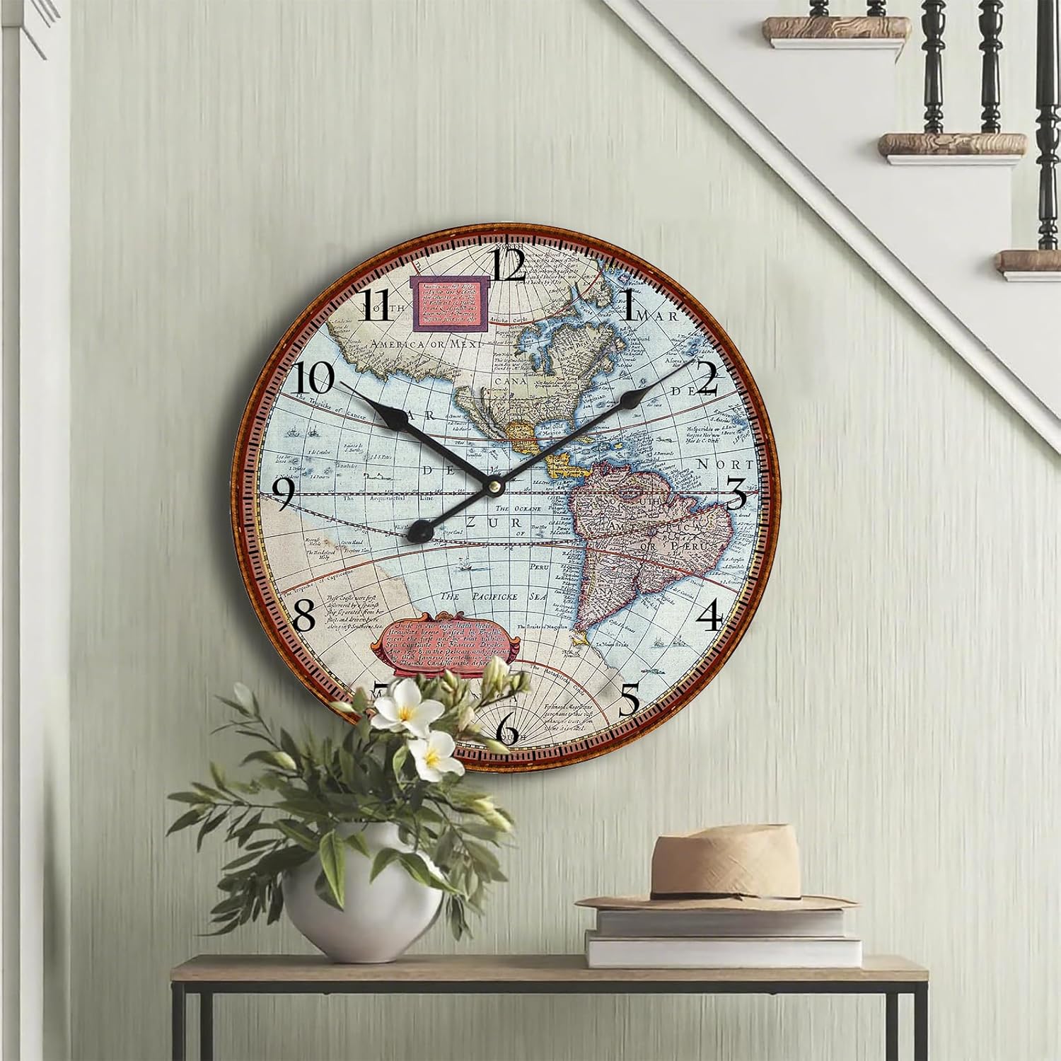 24 Inch Large Rustic World Map Wall Clock Silent Battery Operated for Living Room Bedroom, Big Vintage Wall Clock Non-Ticking for Kitchen Home School Blue