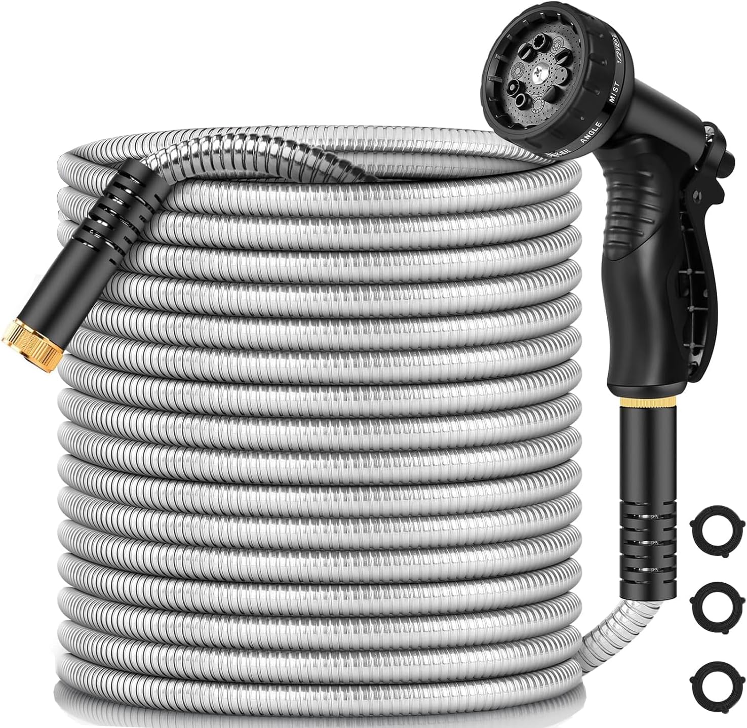 Garden Hose 25 ft, Heavy Duty Stainless Steel Metal Water Hose with 8 Function Nozzle, No Kink, Leak-proof and Lightweight, Easy to Use and Sturdy, Puncture-Proof Outdoor Yard Hose
