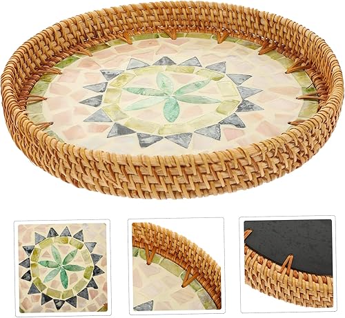 Miniatura 8 de VOSAREA Bandeja de tamiz de ratán Cesta de frutas de mimbre Cesta de frutas tejida Bandejas Decorativas Decoración de ratán tejida a mano Bandeja de