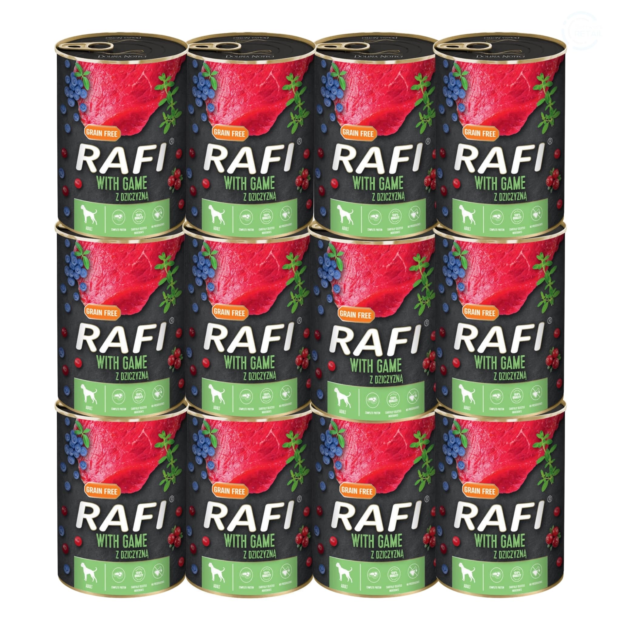 Rafi Complete Adult Wet Dog Food, Game, 12 x 400g Cans