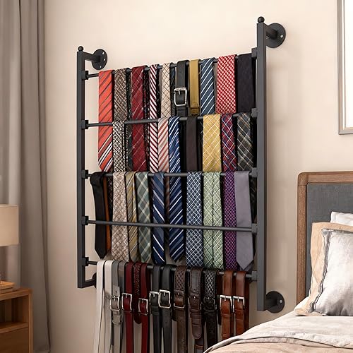 Miniatura 8 de Estante de 5 niveles para corbatas y bufandas, soporte organizador de cinta montado en la pared para envolver papel bufanda, cinturón de corbata,