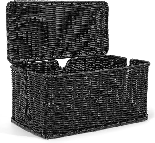 ZhiYo Rattan Cable Management Box, Black Cord Organizer, 13.5" x 6.2" x 6"