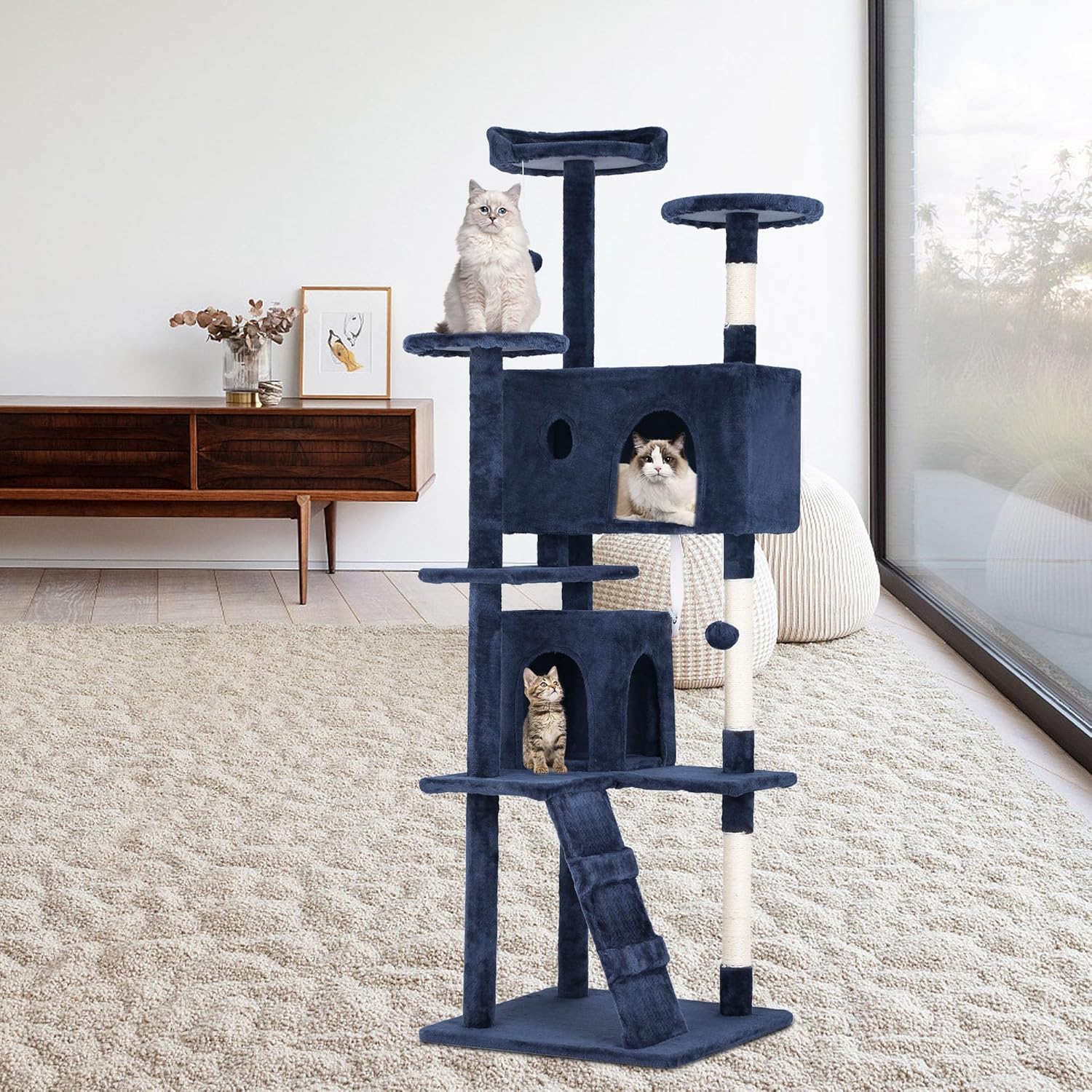 Heavy Duty 70 Inch Cat Tree - Tall Tower with 3 Perches, 2 Condos, Ladders, Sisal Pole & Scratching Posts - Blue