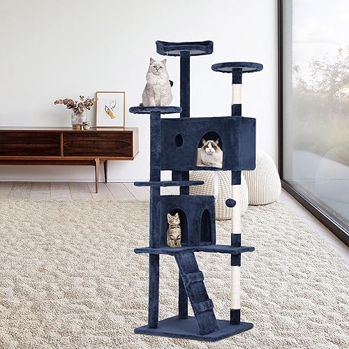 Miniatura 2 de Torre de árbol para gatos de 70 pulgadas, condominio de varios niveles con poste rascador, perca de felpa, bola colgante, resistente para gatos Azul