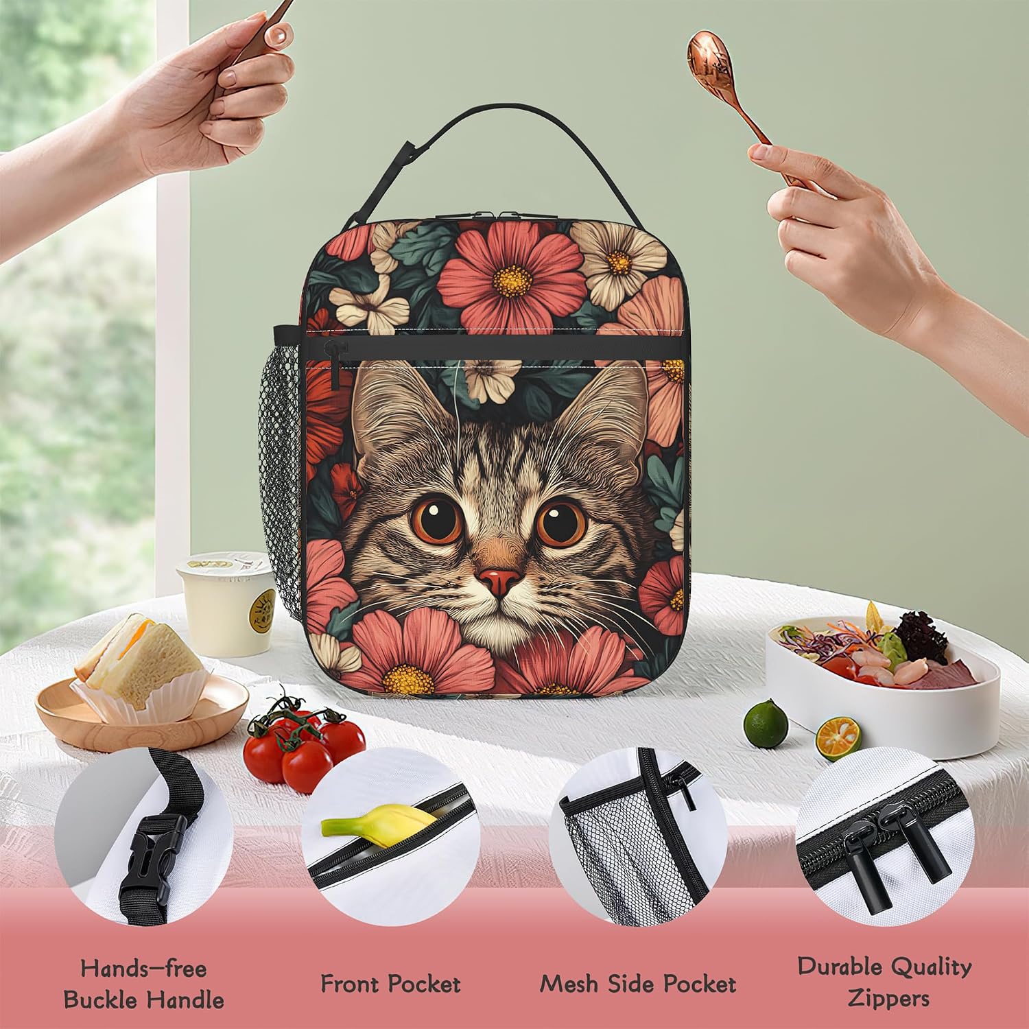 Cat Flowers Lunch Bag for Kids, Insulated School Lunch Tote image 3