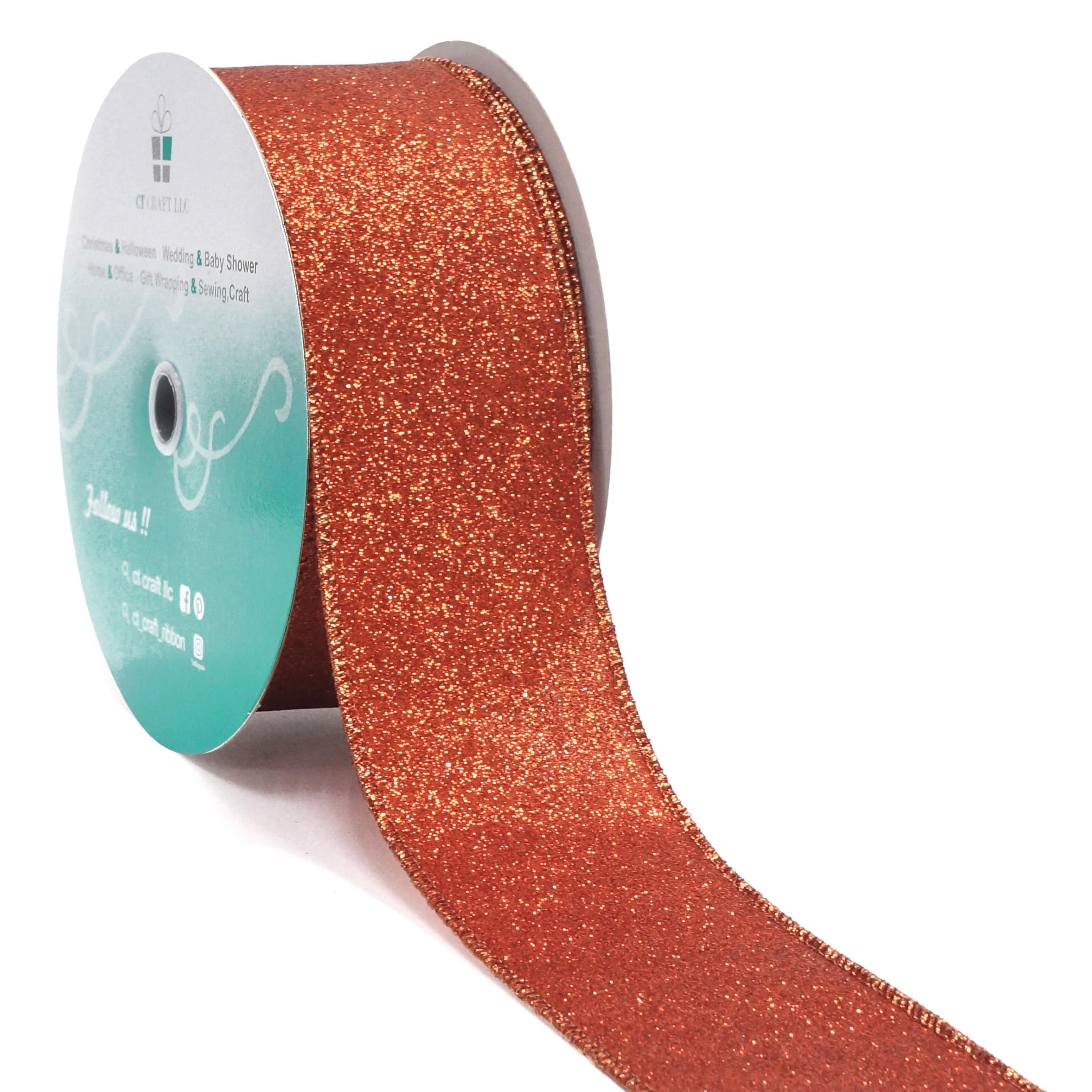 CT CRAFT LLC Glitter Wired Ribbon 2.5" x 20 Yards Brick Red (Terracotta) for Christmas Home Decor Bow Gift Wrapping DIY Crafts Wreath