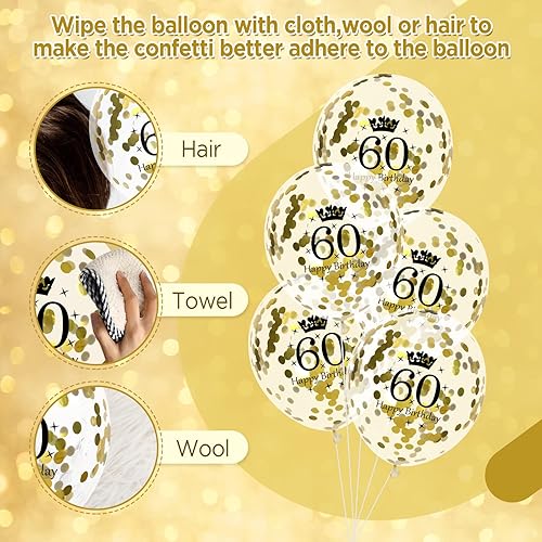 Miniatura 6 de Globos de látex de 60 cumpleaños de oro blanco, globos de látex de feliz cumpleaños 60, globos de confeti, decoraciones de fiesta de cumpleaños 60