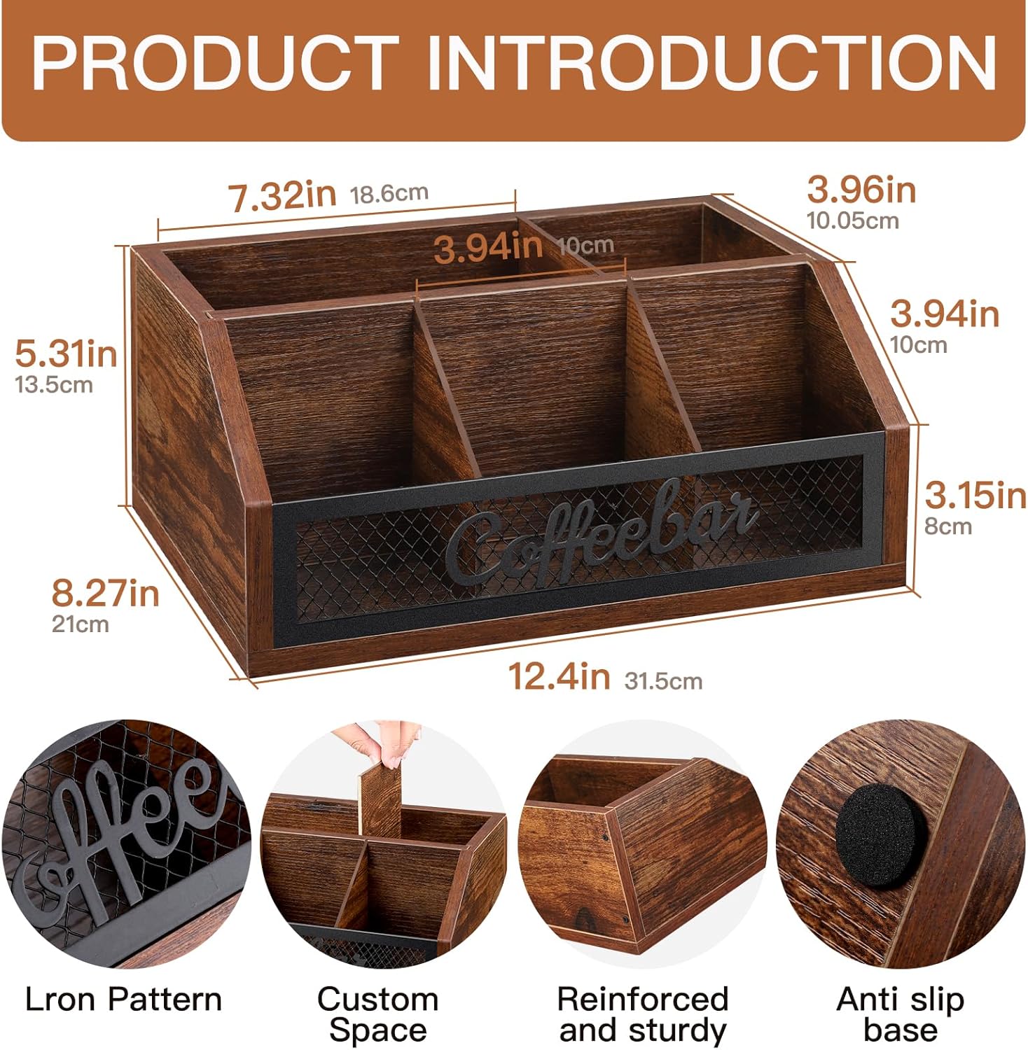 Coffee Station Organizer for Counter, Wood Pods Holder Basket with Removable Dividers, Office Coffee Bar Accessories Decor for Syrup, Cups, Stirrer, Tea