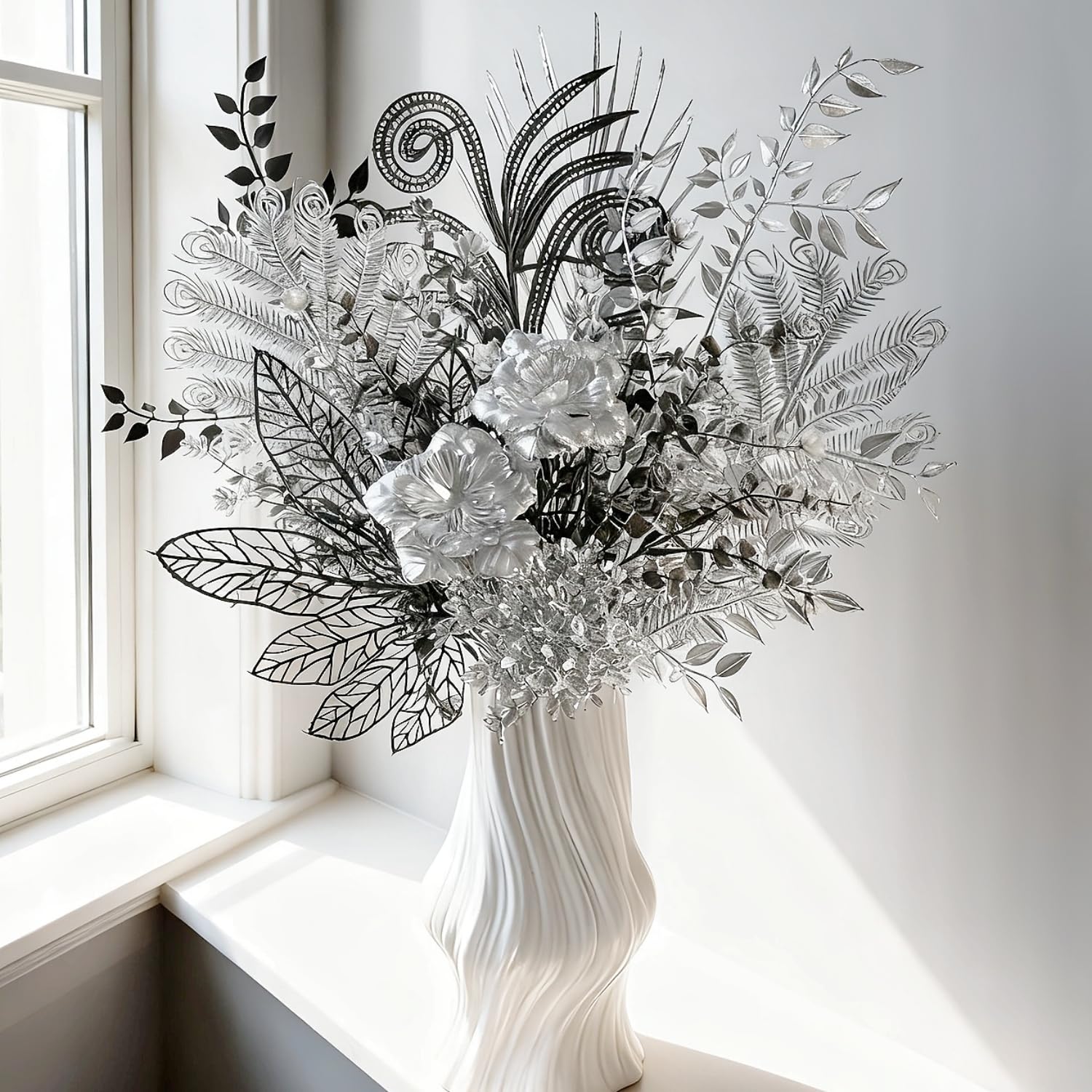Black silver artificial decorative bouquet, Luxury Gothic silk flowers 17''