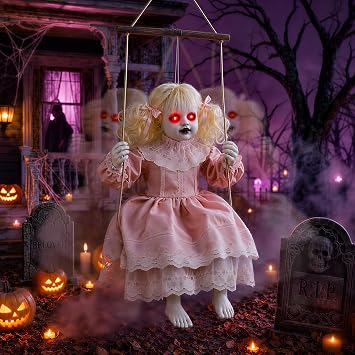 TW SHINE Halloween Animatronic Doll Decorations Outdoor, Animated Hanging Swinging Girl with Lighted Eyes Creepy Sounds, Sound Activated Scary Halloween Prop Decor for Outside Indoor Haunted House