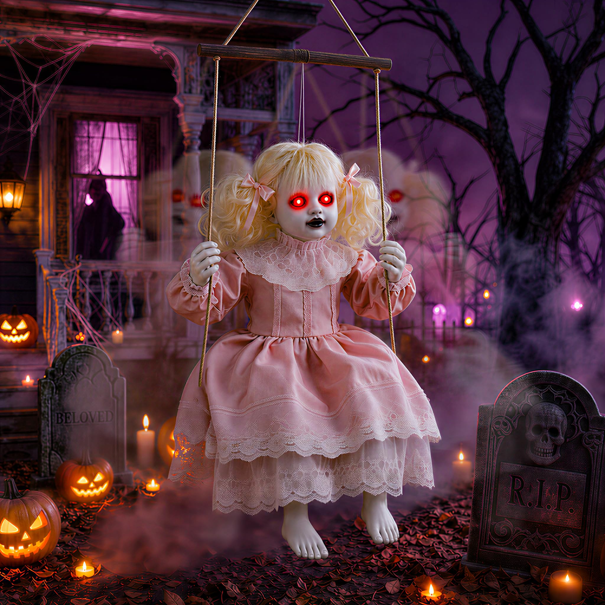 TW SHINE Decorazioni animatronic per bambole di Halloween, per esterni, ragazza oscillante da appendere con occhi illuminati, suoni raccapriccianti attivati dal suono, decorazione spaventosa per