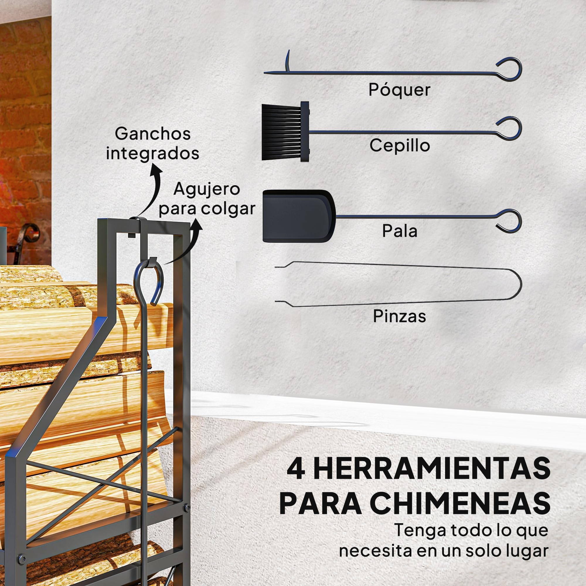 Outsunny Estante de Leña Metálico de Chimenea, Soporte para Leña de 2 Niveles, Leñero Exterior con 4 Herramientas, Ganchos y Base Elevada, para Interior y Exterior, 34x30x80 cm, Negro