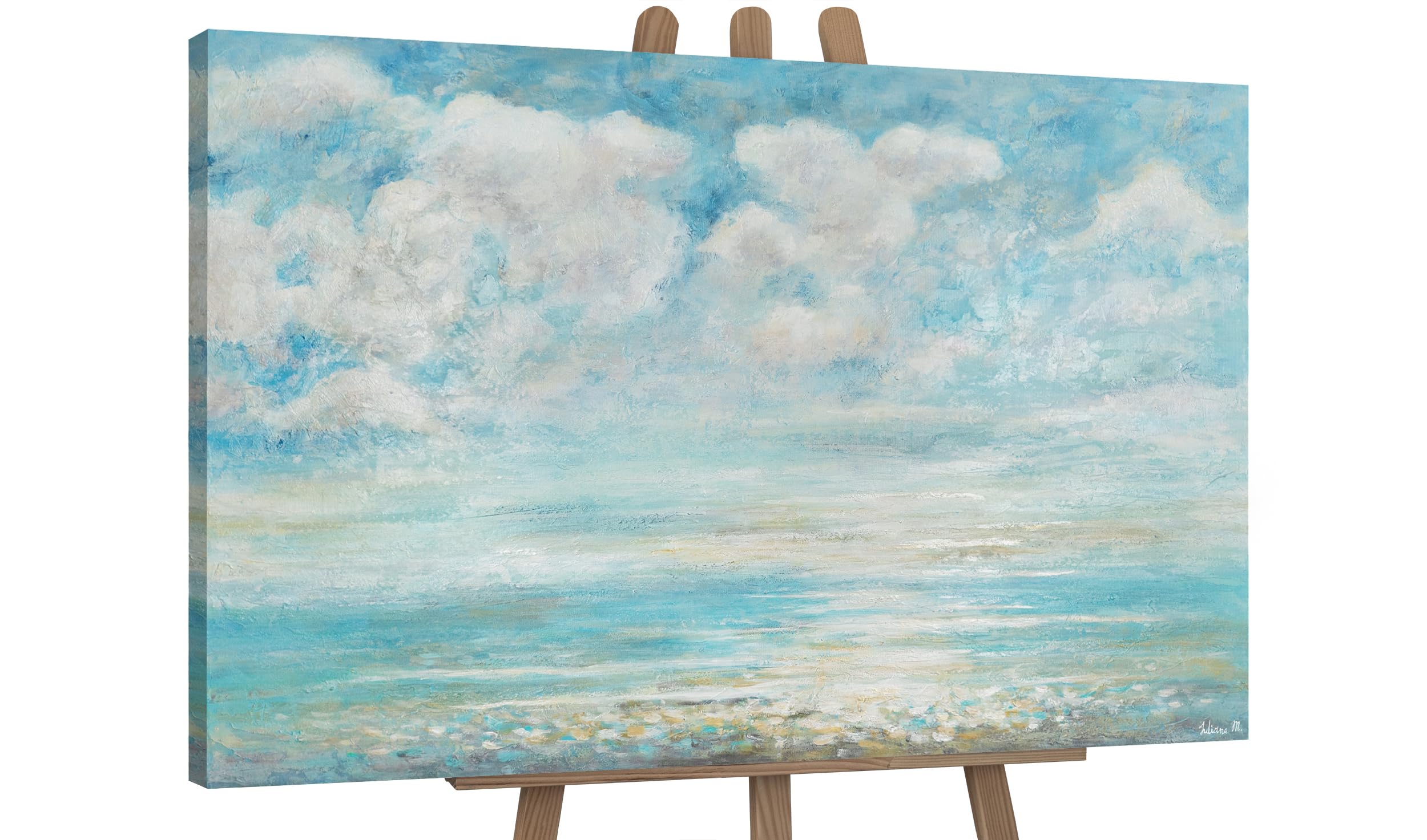 YS-Art Hand-painted acrylic painting on canvas seascape Summer coolness Modern wall art for room blue and white color Artwork 48x32 inch