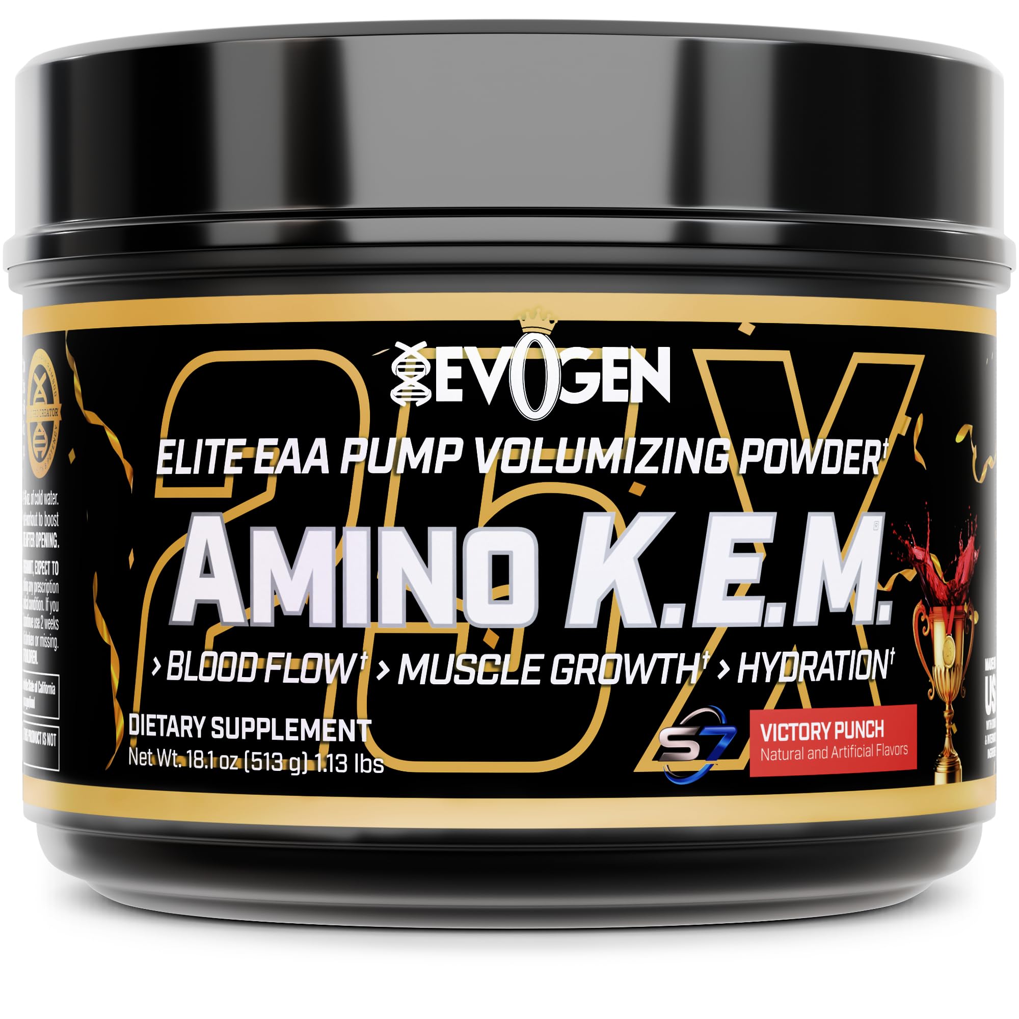 Evogen Amino K.E.M. - EAA & BCAA Powder Pump Volumizer | BCAAs Amino Acids Supplement for Blood Flow, Muscle Growth, & Hydration | Victory Punch | 30 Servings