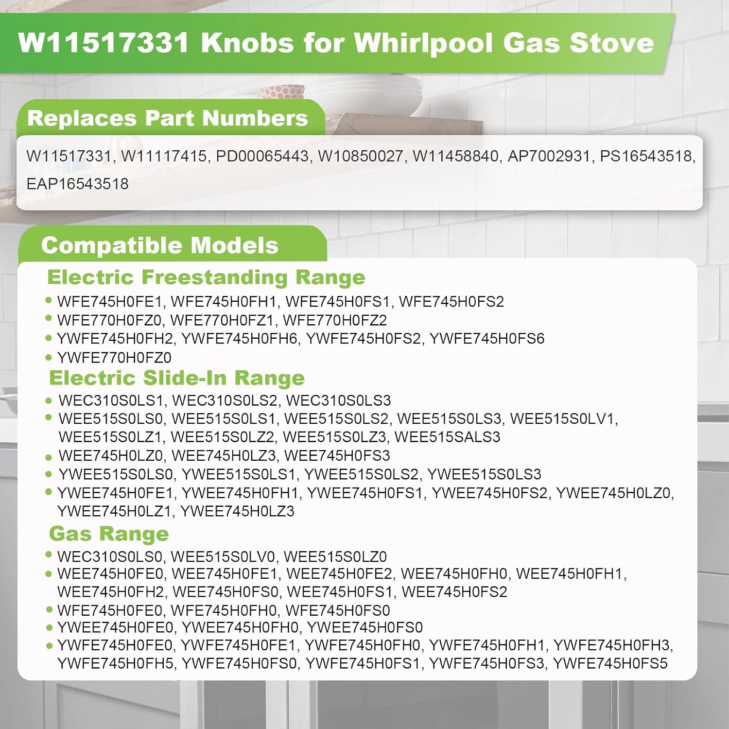 W11517331 Gas Stove Knobs Replacements, 4 Pack Metal Oven Knobs Compatible with Whirlpool WEE515S0LS2 WEE515S0LS3 WEE745H0FE0, Replace W11117415 Gas Range Knobs etc