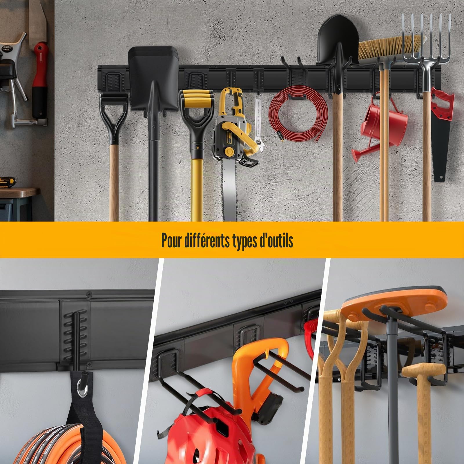 Garage Tool Manager, Porte Outils Mural, Rangement Outils Jardin, Support Mural d'Outils de Garage avec 9 Crochets et 3 Rails pour Outils de Jardin, Pelles, Balais