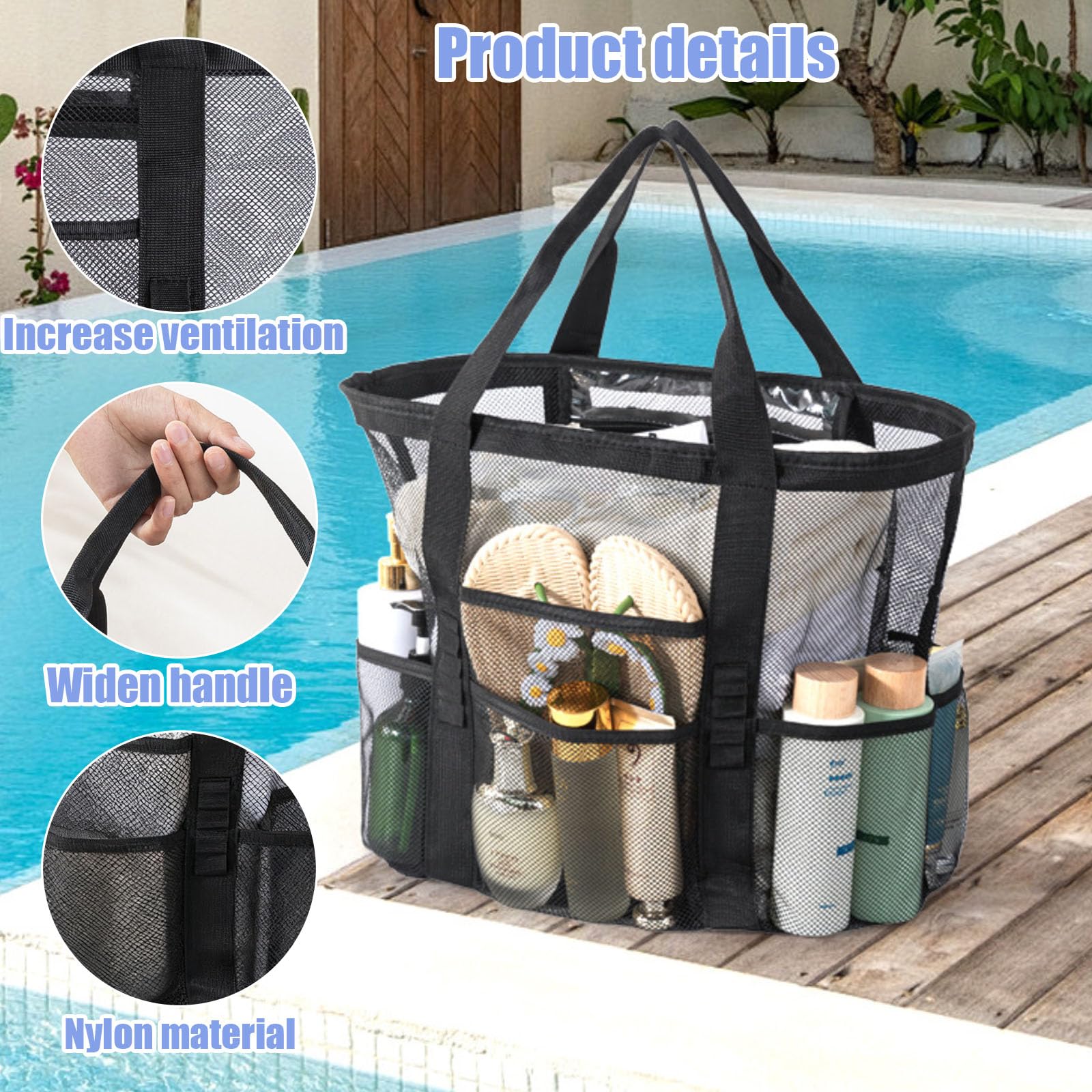 Borsa Mare Rete Donna Grande capacità 41x23x40cm Borsa Spiaggia Traspirante con Scomparti Pieghevole Leggera per Piscina Campeggio Escursioni Shopping Estate