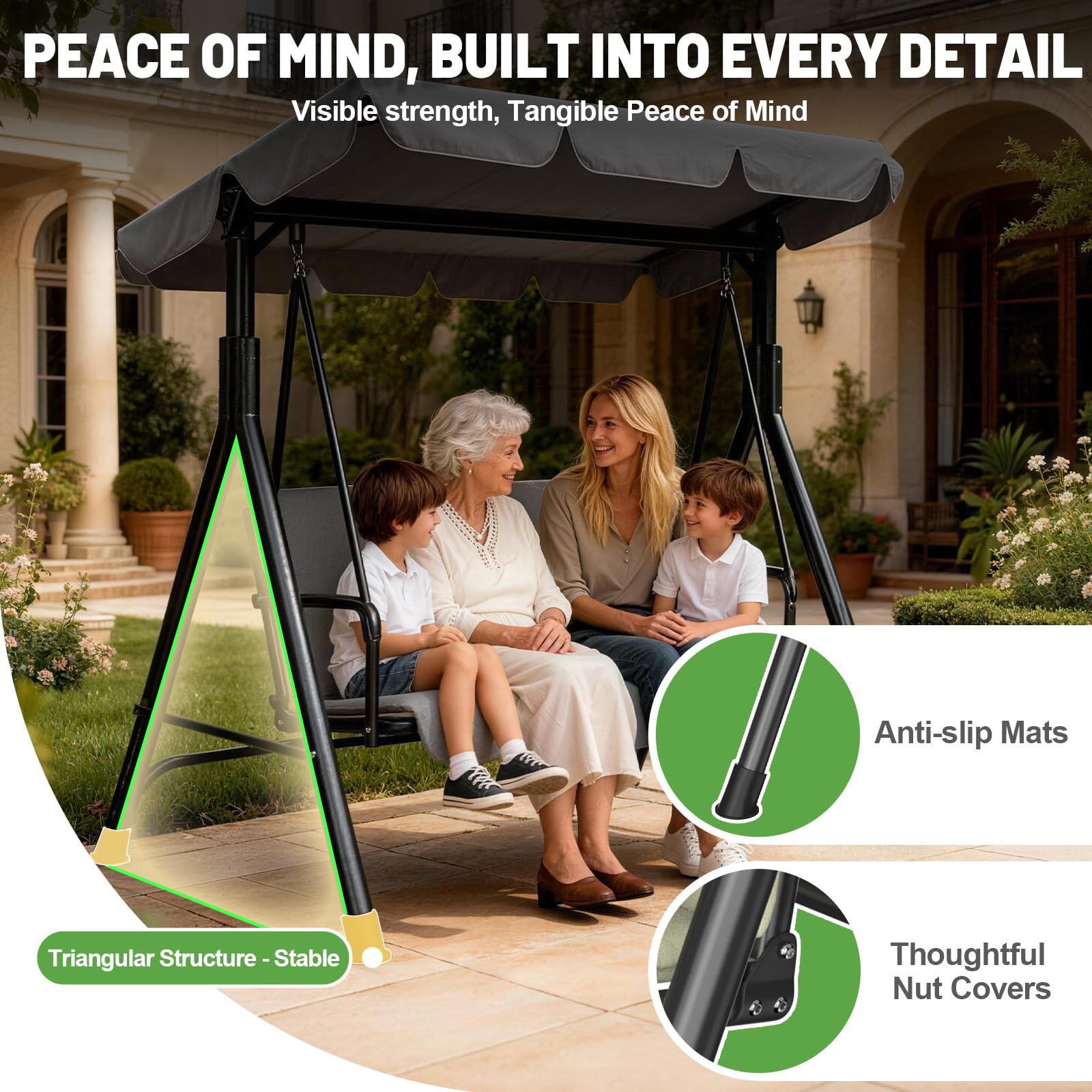 Hollywoodschaukel 3-Sitzer Outdoor mit Verstellbarem Sonnendach – Gartenschaukel mit Komfortabler Polsterung, Bis 200kg Belastbar & Teslin-Sitz – Maße 193x110x152cm,Grau