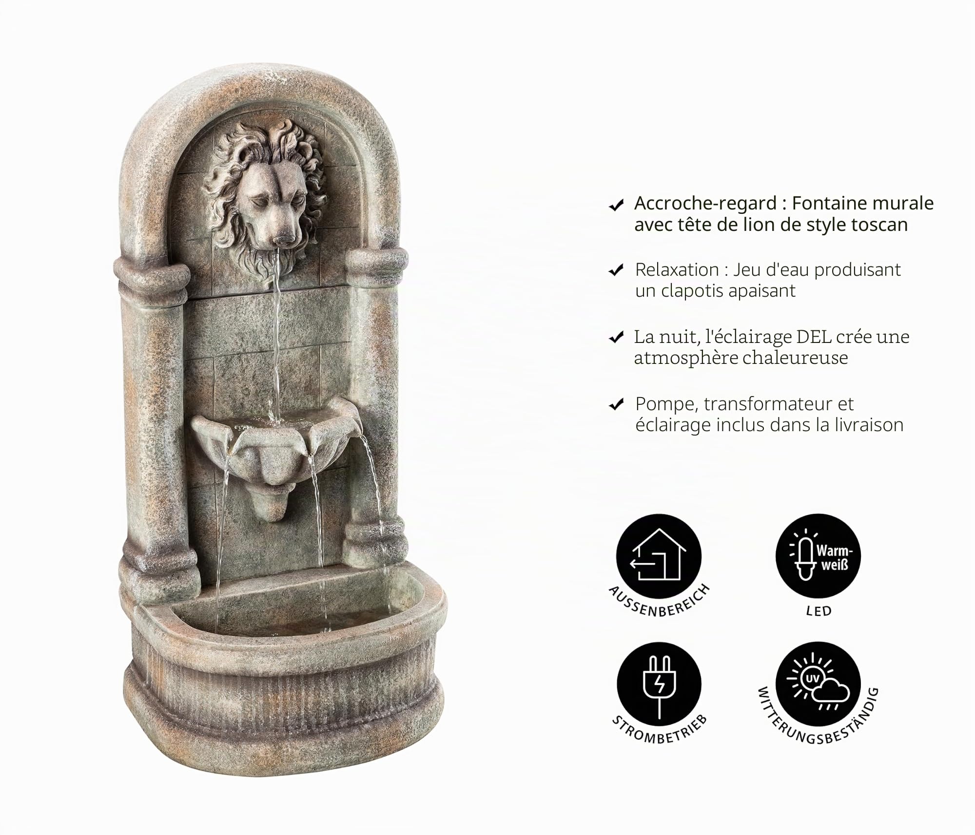 Dehner Fontaine Murale de Jardin Faro avec éclairage LED, Environ 103,5 x 38 x 49,5 cm, polyrésine, Gris