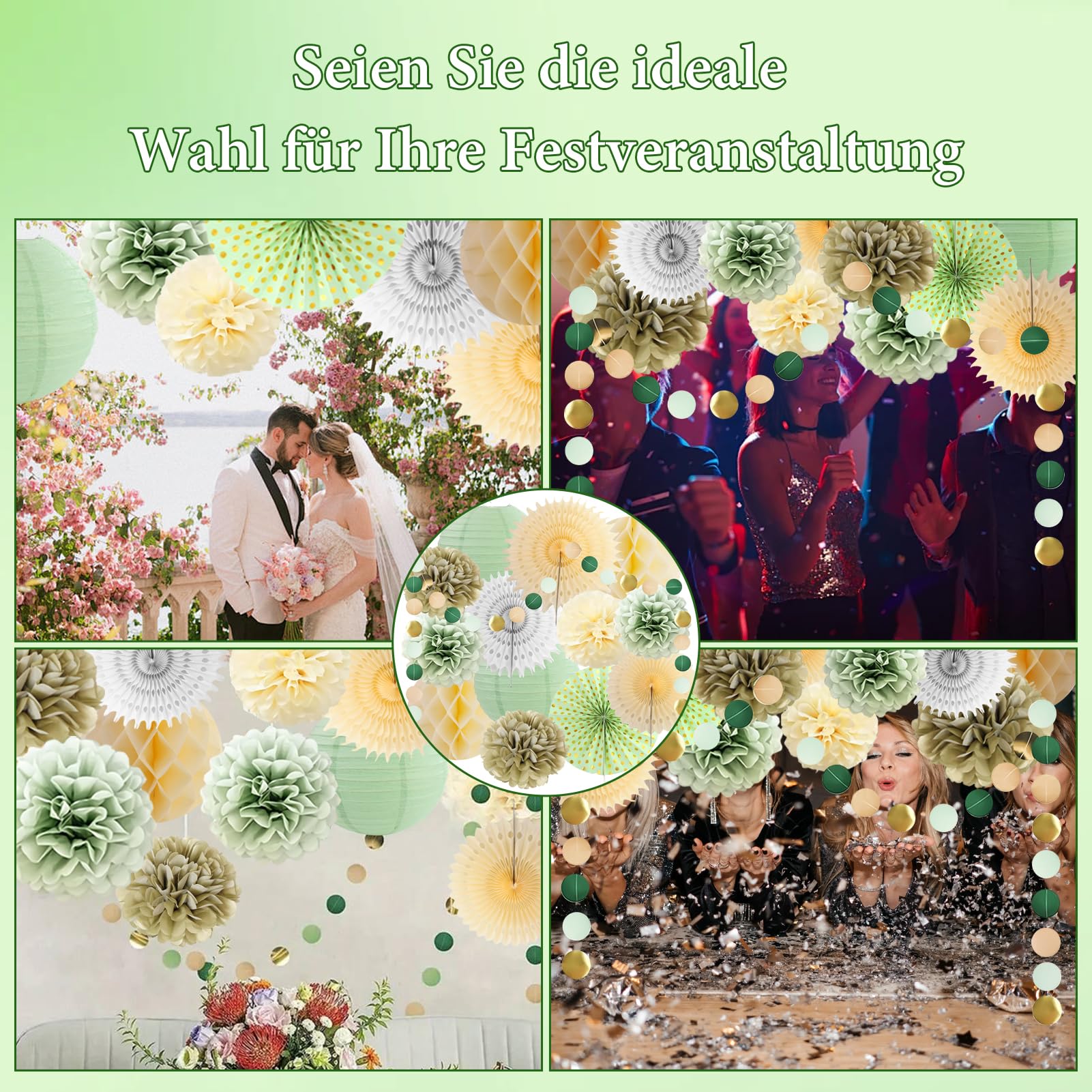 15 Pezzi Decorazioni Feste Sage Green con lanterne Carta, Sfere Carta, Ventilatori carta, Pois Dorati Fiori, Decorazioni in carta verde,per Compleanno, Baby Shower