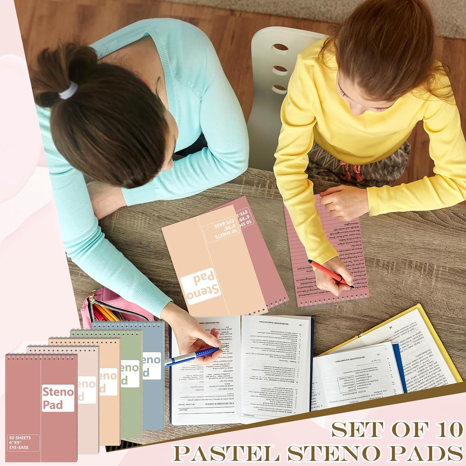 10 Pack 6X9 Pastel Steno Pads Gregg Ruled Spiral Notebook Top Spiral Notepad Colored Steno Pads Pastel Colored Notepads Color Paper 50 Sheets for School College Office(Red Pink Blue Green Flesh)