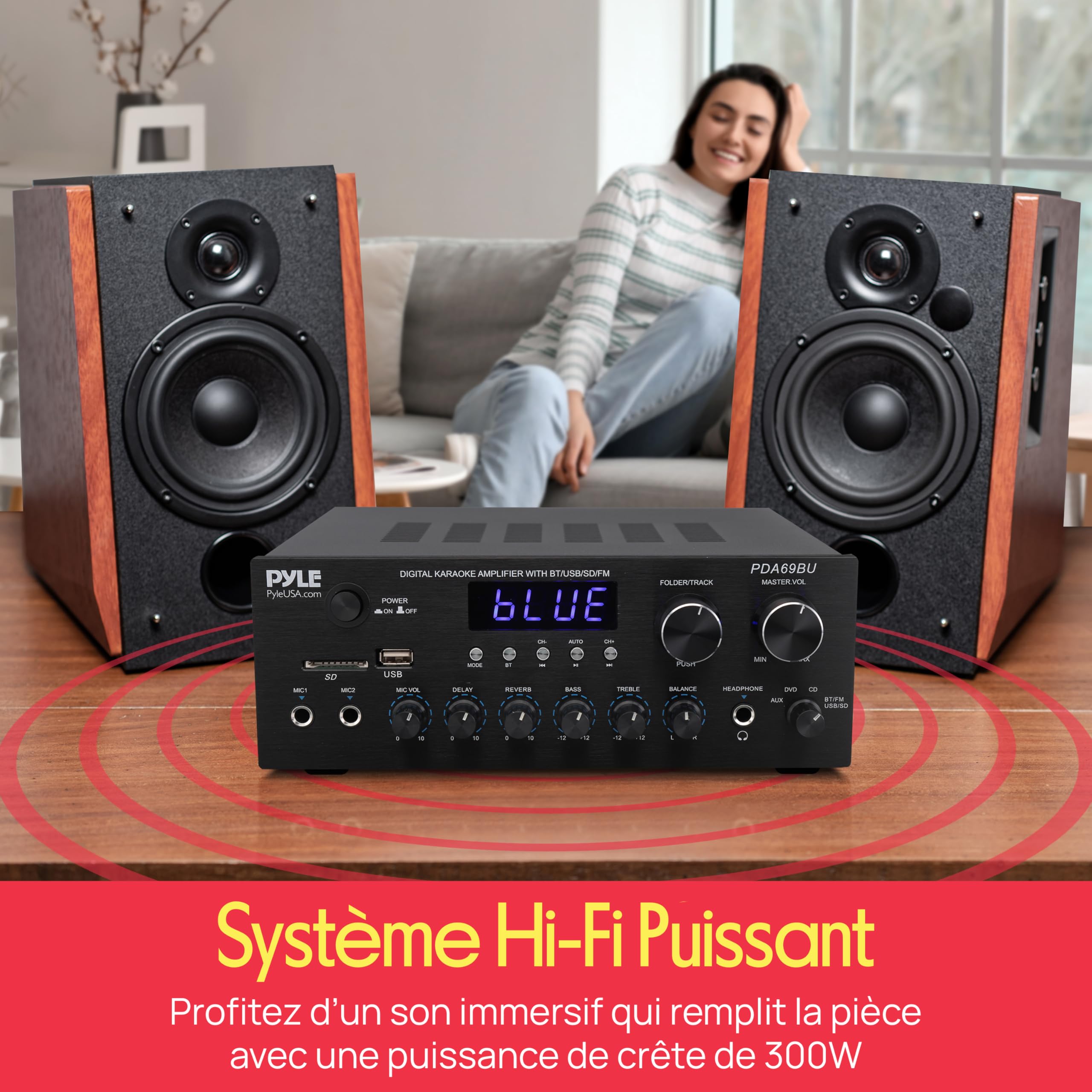 Pyle Ampli Bluetooth Maison 300 W – Récepteur Stéréo 2 Canaux pour Haut-Parleurs avec USB, SD, MP3, AUX, RCA, FM, 2 Entrées Micro 6,35 mm, Réverbération, LED, pour Haut-parleurs, Musique, Studio
