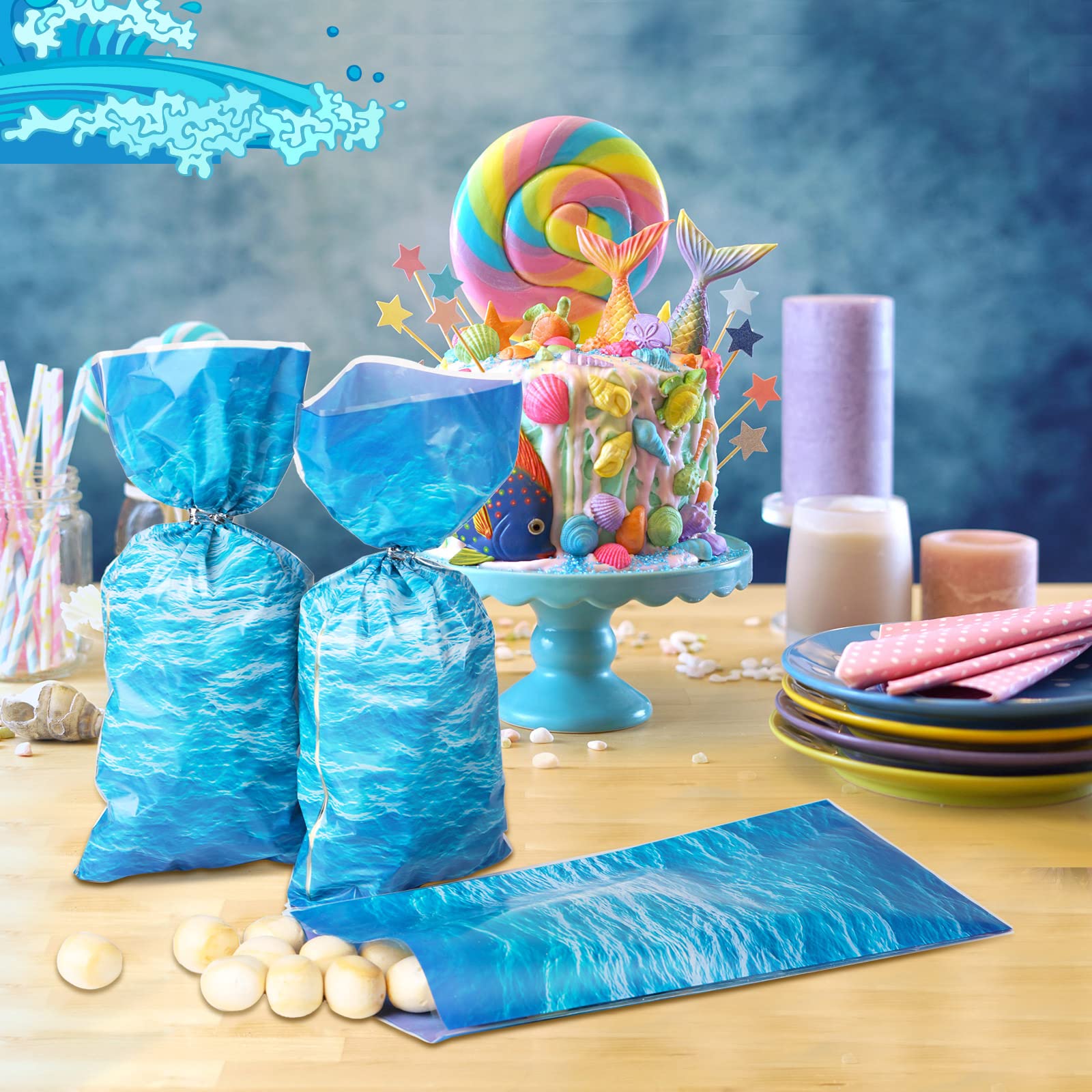 Pajean 100 Pieces Ocean Waves Cellophane Treat Bags Under the Sea Blue Ocean Party Goodie Candy Bag with 100 Twist Ties for Beach Pool Birthday Summer Mermaid Party Decoration Baby Shower Supplies