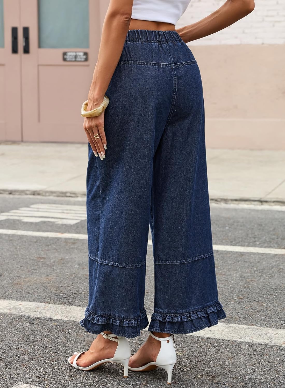 EVALESS Womens Wide Leg Jeans 2026 Trendy Mid-Rise Cropped Baggy Jeans Loose Fit Cute Ruffle Hem Trouser Denim Pants - Image 6