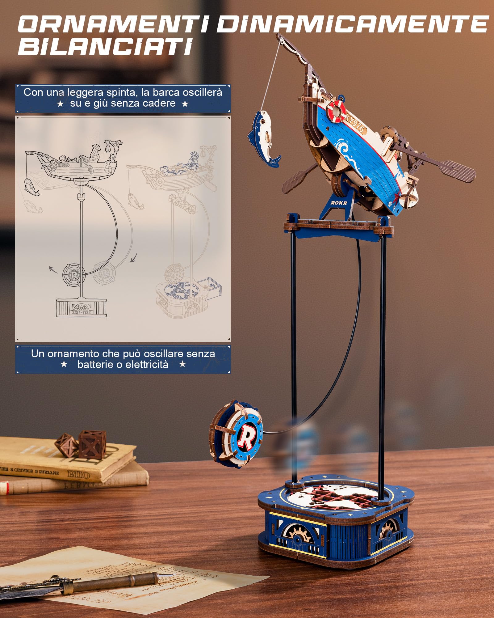 ROKR 3D Puzzle in Legno Barca, Modellismo da costruire Adulti Pescatore Oceanico, Oscillazione Gravitazionale Decorazione, Regali per adulti e bambini, Ocean Fisher MCD02
