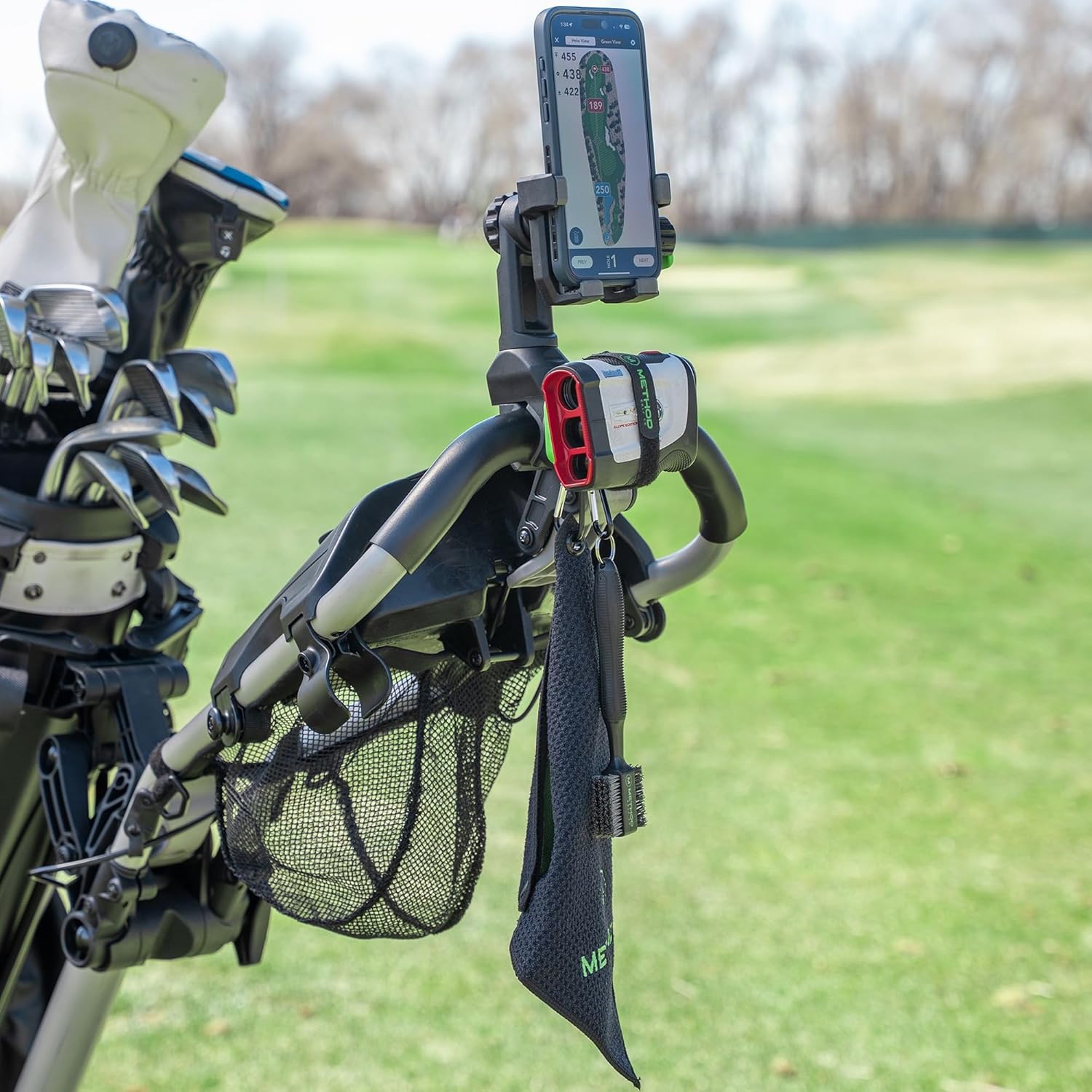Method Golf PushStack Pro Pack- Magnetic Phone Holder for Golf Push Cart Plus Rangefinder Magnetic Strap, MagStack Microfiber Towel and Club Brush with MagStack Tile- Universal Fit for Most Phones