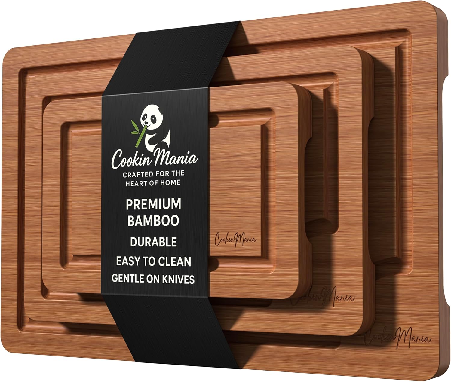 Bamboo Cutting Board Set of 3 for Kitchen – Wooden Chopping Boards with Juice Grooves & Built-In Handles, Durable Food-Safe Bamboo Boards for Meat, Vegetables & Fruits