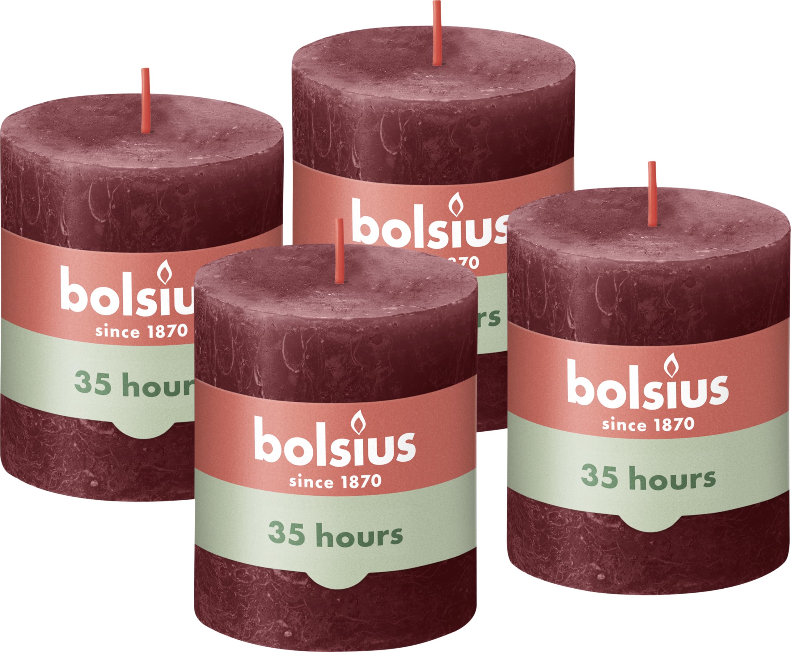 Bolsius Rustykalna świeca filarowa, ciemnoczerwona, 4 sztuki, długi czas palenia 35 godzin, świeca domowa, dekoracja wnętrz, bezzapachowa, naturalny wegański wosk, bez oleju palmowego, 8 x 7 cm