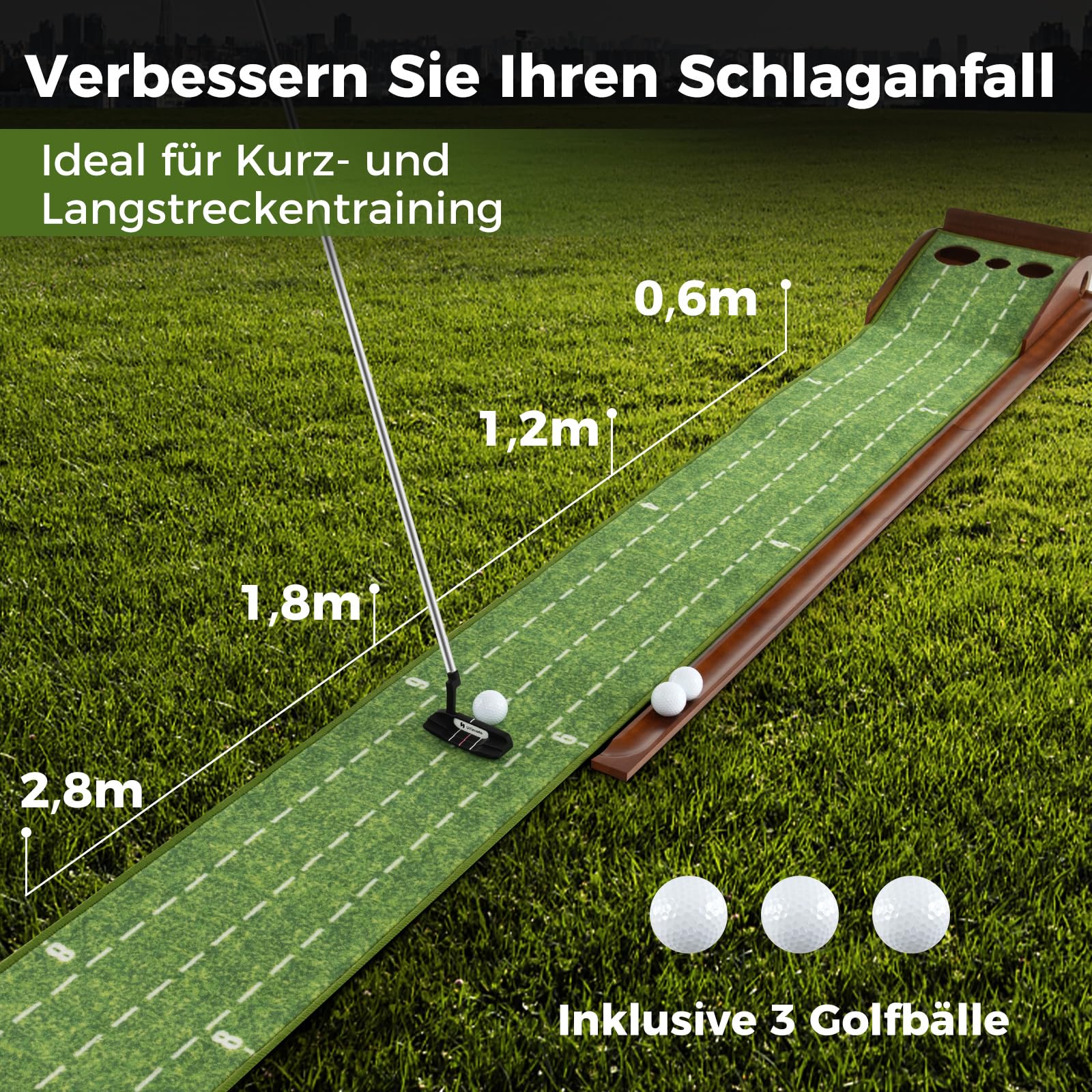 COSTWAY Golf Puttingmatte, Golfmatte mit 1/2/3 Löchern, Auto Rückkehr Übungsmatte mit 3 Golfbällen & Kunstrasen, Putting Trainer Indoor Outdoor für Anfänger, Profis (3 Löcher)