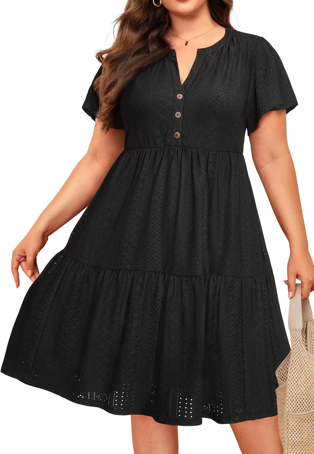 Plus Size Summer Dress - Casual Sundress Beach Short Sleeve V Neck Tiered Button Up Boho Midi Flowy Sun Dresses Women