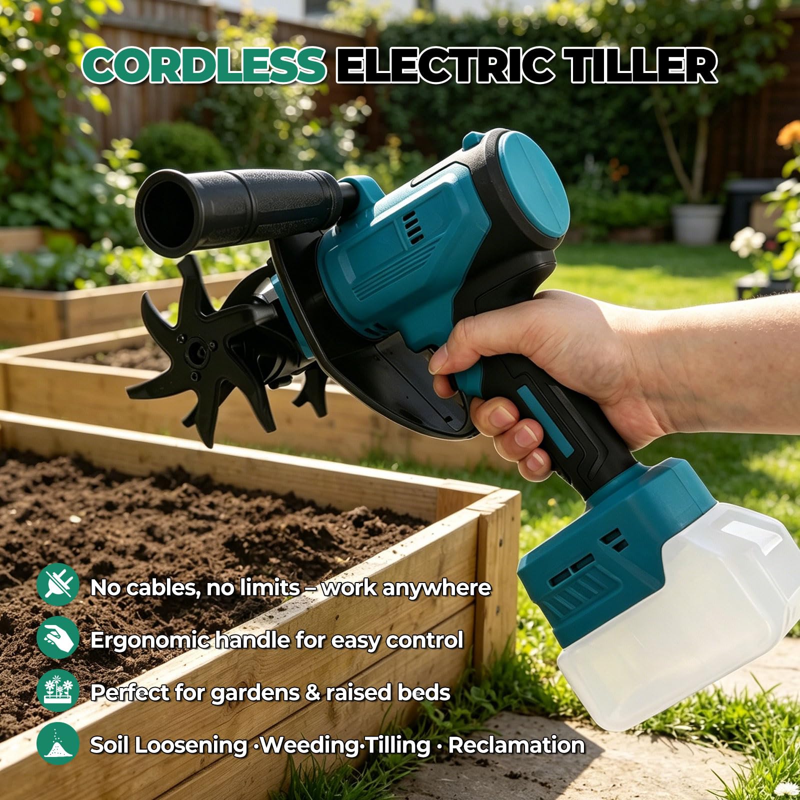 Coltivatore portatile senza fili compatibile con batteria MK 18V | Mini motozappa elettrica da giardino con profondità di 10 cm e larghezza di lavoro di 10 cm per la coltivazione del terreno
