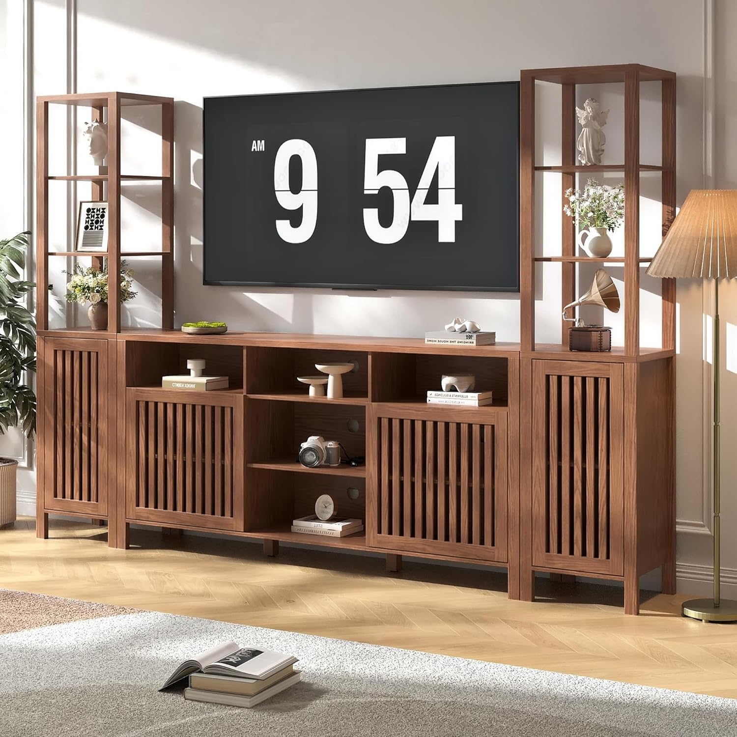 Farmhouse TV Stand for 70 inch TVs, Entertainment Center with Bookshelves - 4 Door Media Console with Adjustable Shelves, Storage Cabinet for Living Room Bedroom Home Theater, Rustic Brown