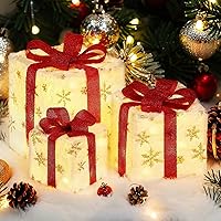 Vista 1 de Decoraciones de Navidad, juego de 3 cajas de regalo iluminadas de Navidad, cajas de regalo de Navidad a pilas, LED blanco cálido con lazos