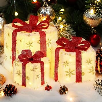 Christmas Decorations, Set of 3 Christmas Lighted Gift Boxes, Battery Operated Xmas Present Boxes, Warm White LED with Bows for Indoor Christmas Tree, Yard, Home Decor