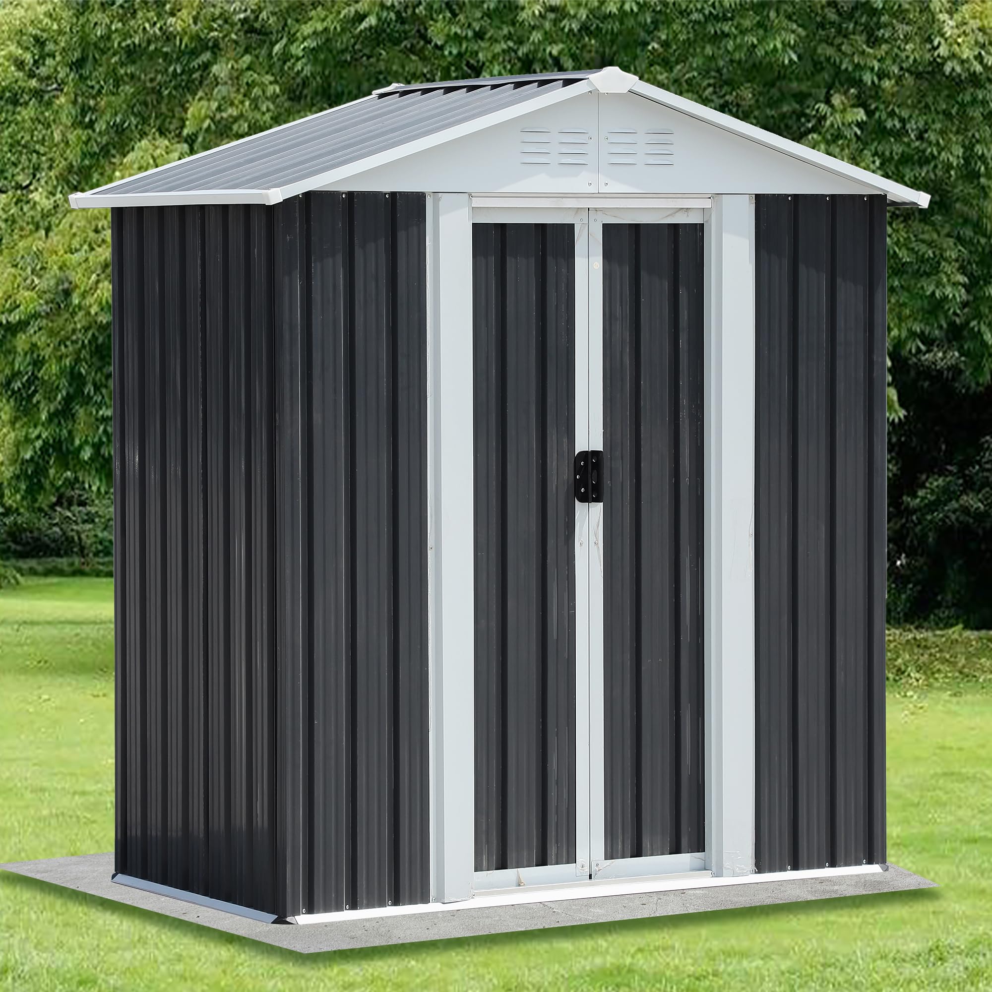 5x3 FT Outdoor Storage Shed, Metal Garden Shed with Lockable Sliding Doors, Small Outside Tool Shed with Sloped Roof & 4 Air Vents, Waterproof Storage