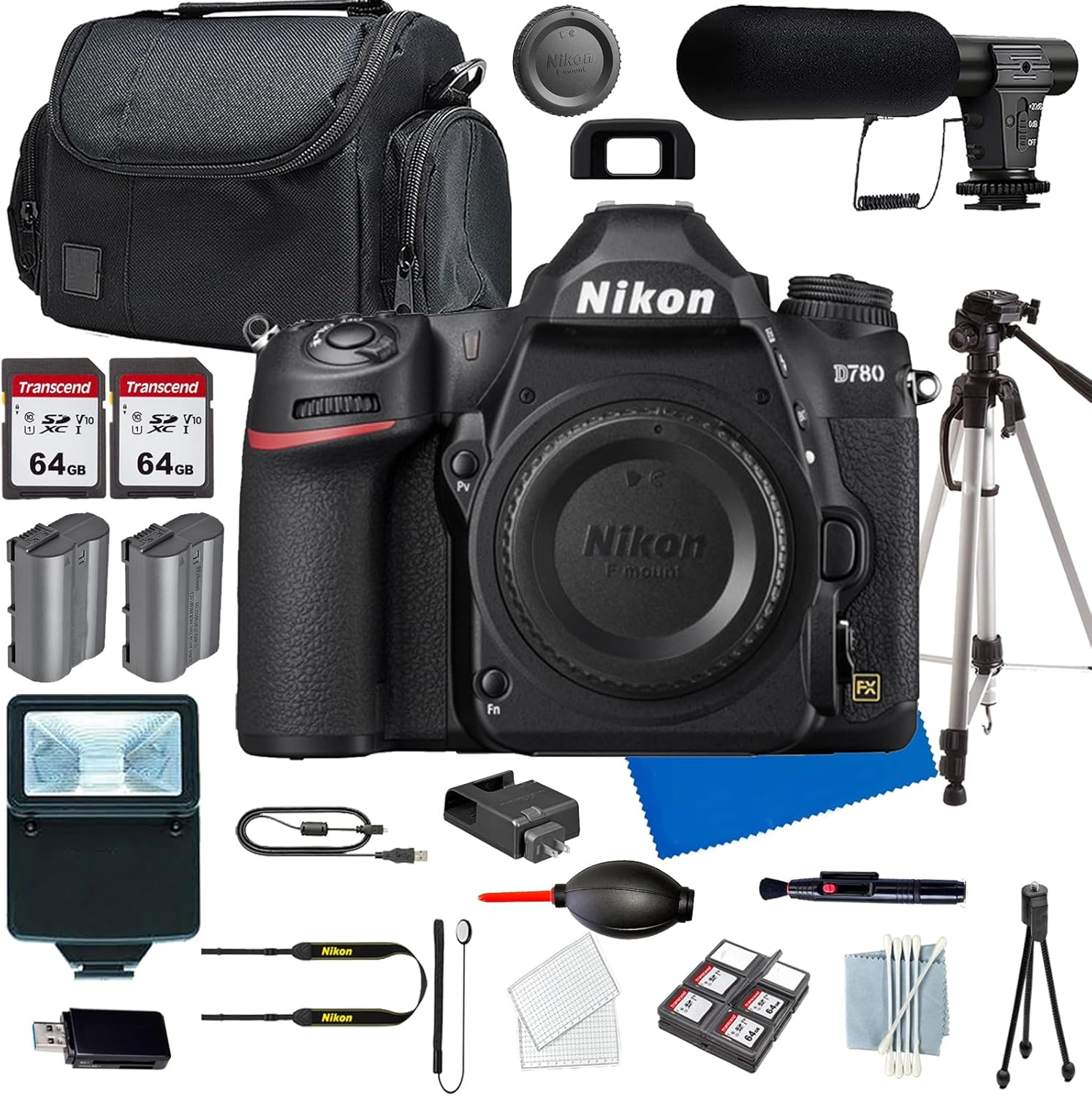Nikon D780 DSLR Camera Body+Shot-Gun Microphone+Photo Software Package+ Case+128 GIG Memory+Slave Flash+Tripod(13PC) Bundle (Renewed)