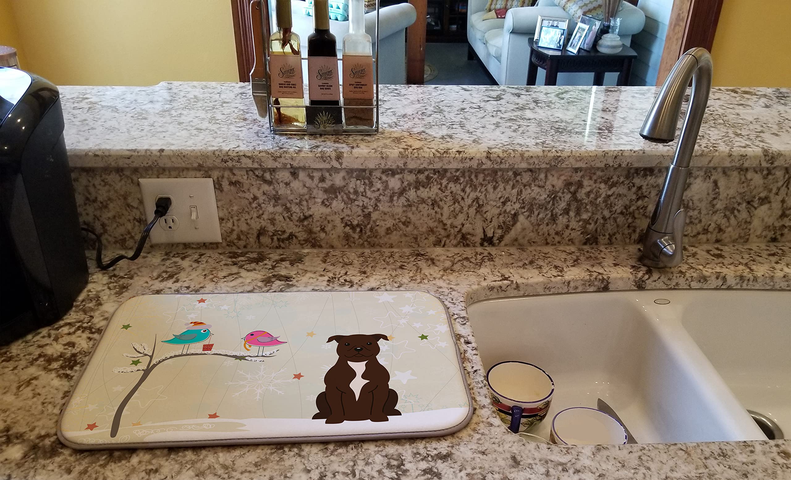 Caroline's Treasures BB2520DDM Christmas Presents between Friends Bull Terrier - Chocolate Dish Drying Mat Absorbent Dish Drying Mat Pad for Kitchen Counter Dish Drainer Mat for Countertop, 14 x 21