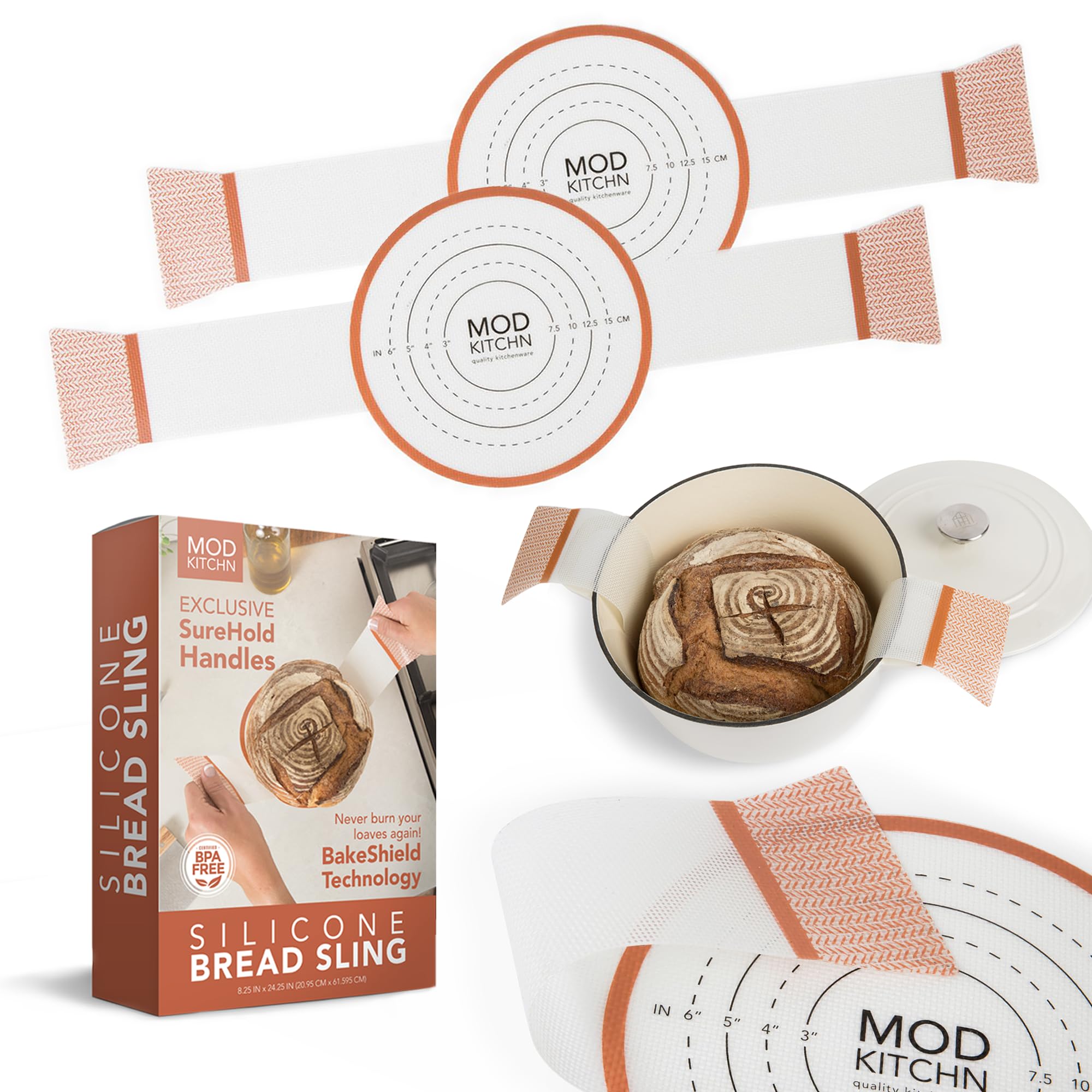 Paquete de 2 correas de silicona para pan, diseño exclusivo de mango SureHold, eslinga de silicona para hornear masa madre, la alfombrilla de pan para forros de horno holandés, reemplaza el papel de