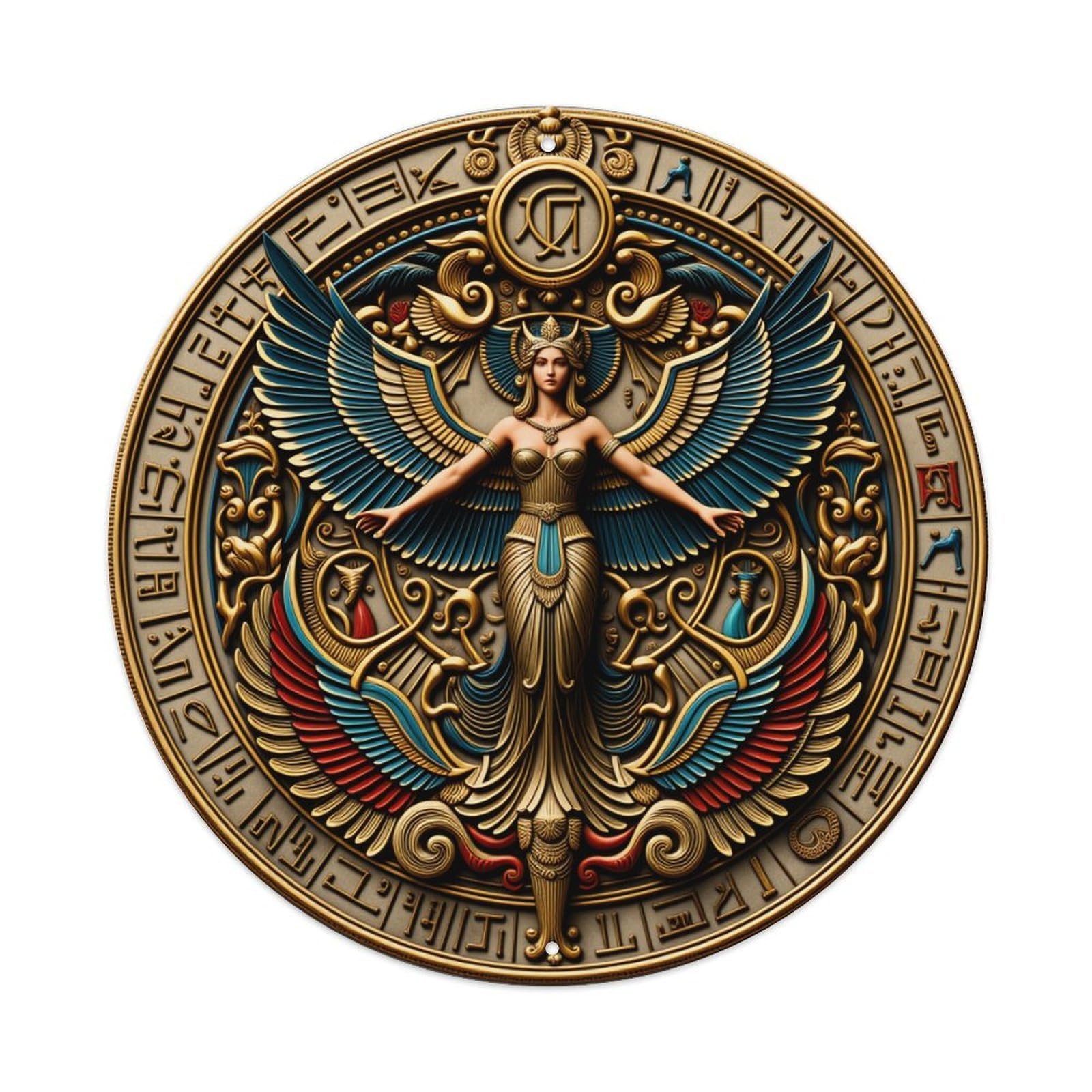 Egyptian Goddess Winged Symbol Art Round Tin Sign Vintage Style Metal Sign Home Bar Garden Wall Plaque Decor Metal Poster 8x8 Inch