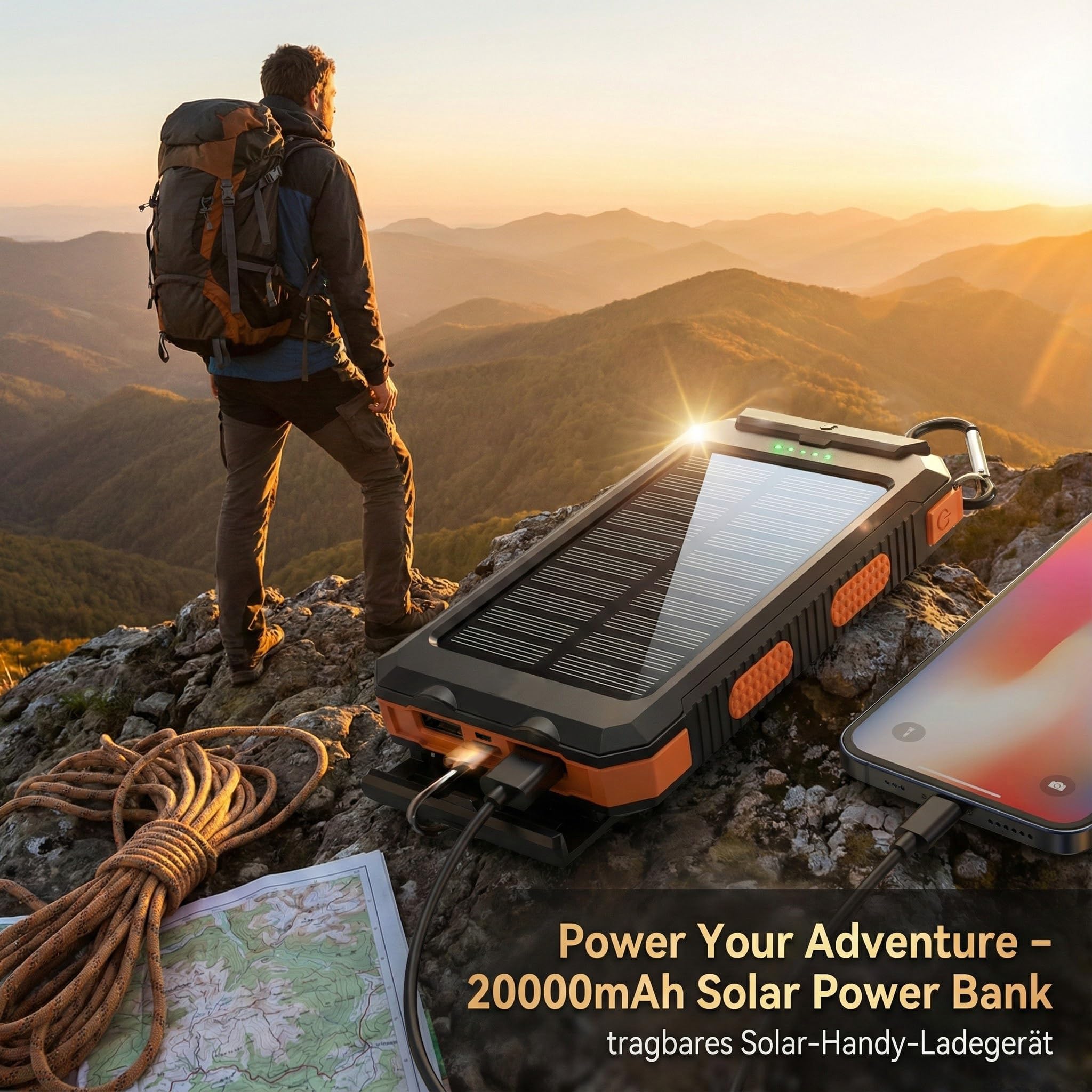 Solar Powerbank 20000mAh, Wasserdichtes USB C Externer Akku mit 2 Outputs, 2 USB-Anschlüssen, LED-Taschenlampen mit Kompass für Outdoor-Aktivitäten