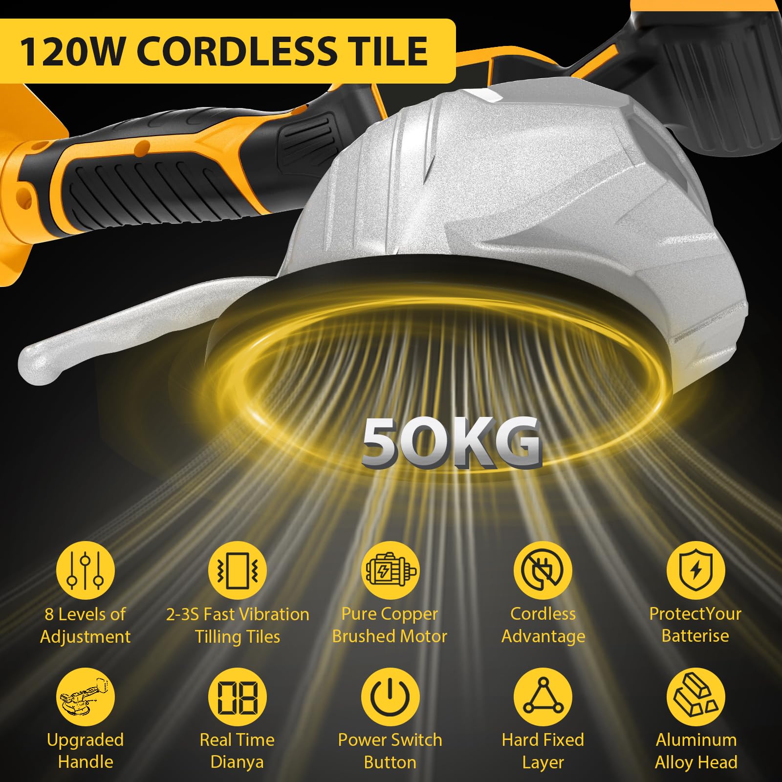 Machine de carrelage 50kg, Vibreur Carrelage Manuel Machine Compatible avec Dewalt 20V Akku, 8 Vitesses Réglable, Tile Vibrator de Carreleur Capacité d'Adsorption, Machine à Carrelage 130mm