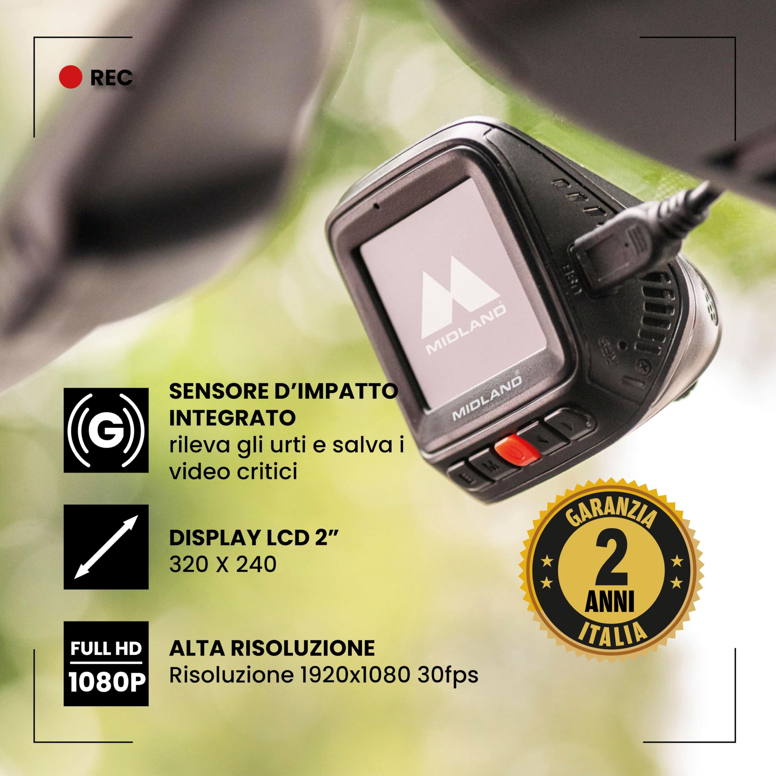 Midland - Dash Cam Auto Street Guardian One, Gadget e Accessori Auto, Dashcam ad Alta Risoluzione, Videocamera con Attivazione Automatica, Telecamera Facile da Installare per Sicurezza Stradale