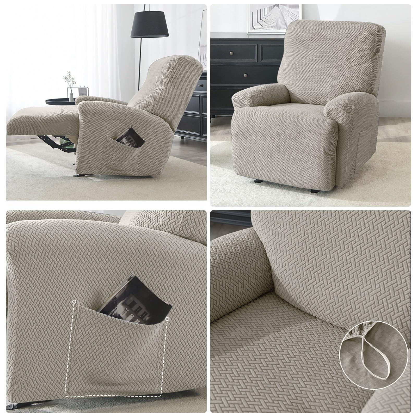 Lot de 4 Housses de Fauteuil Relax en Velours Extensible - Protection Complète avec Poches pour Télécommande, Livres - pour Fauteuil de Relaxation, Canapé et Fauteuil TV