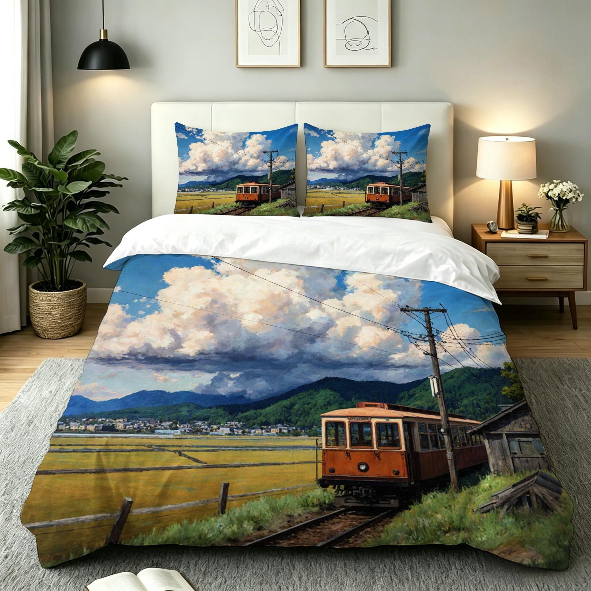 Parure de lit 160x200 Train aux Nuages en microfibre avec housse et taies