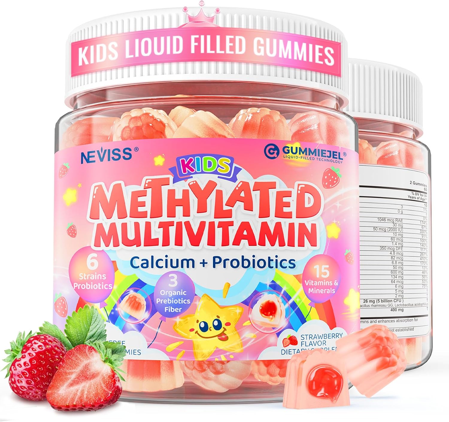 Kids Multivitamin Gummies + Calcium, Probiotics, Vitamin D3, C, Methylated B12 & Folate, B6, A, K2, E, Zinc, Prebiotics for Children Ages 4+, Clean & Sugar Free, for Nutritional Support, 60 Cts