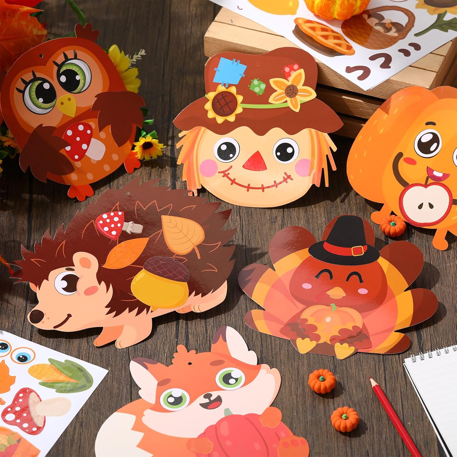 Pasimy 24 Sets Thanksgiving Crafts Kits DIY Fall Autumn Ornaments Turkey Scarecrow Pumpkin Owl Sticker Crafts Autumn Harvest Crafts Bulk Art Sets for Thanksgiving Party Favors Home Classroom